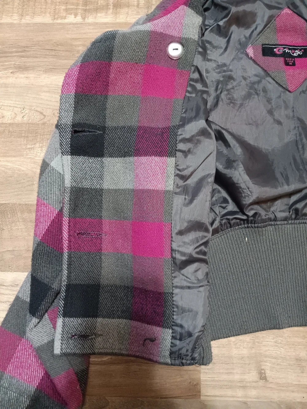 Girls Plaid Knit Button-Front Jacket - Pink & Gray C. Magic SZ M